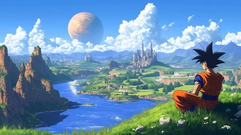 Wanderer in orange gazes over river kingdom and twin skies.