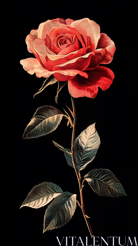 Velvety red rose leans gracefully against a deep black night