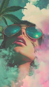 Woman with sunglasses, cannabis leaf, and colored vapor.