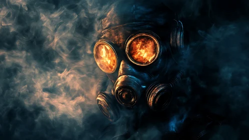 Cyberpunk gas mask portrait with incendiary visor reflections.