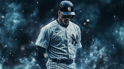 Moody New York batter in pinstripes amid swirling blue haze
