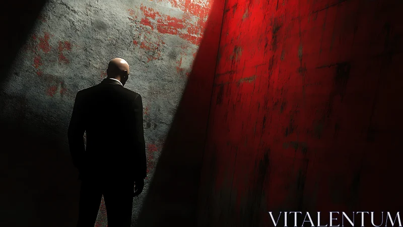 Bald man in suit stands in harsh red and gray light.