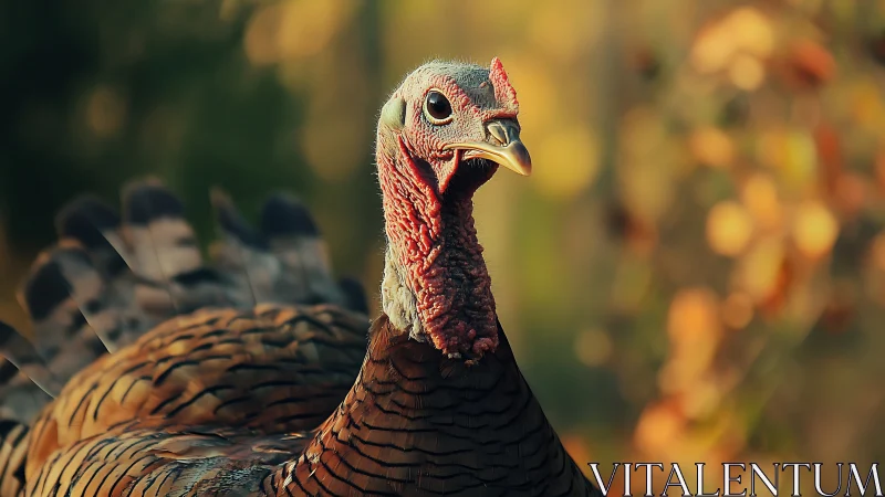 Wild turkey displays characteristic plumage with iridescent head detailing.