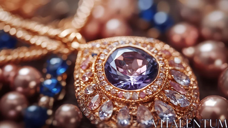 Macro study of faceted amethyst pendant in ornate rose-gold mount