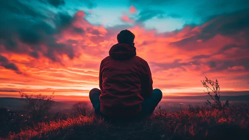 Contemplative figure silhouetted against neon gradient sunset sky.