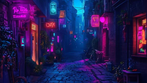 Neon alleyway glows with moody cyberpunk nightlife energy