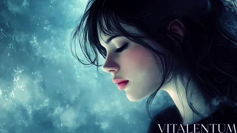 Quiet winter dream as a young woman rests in soft blue light