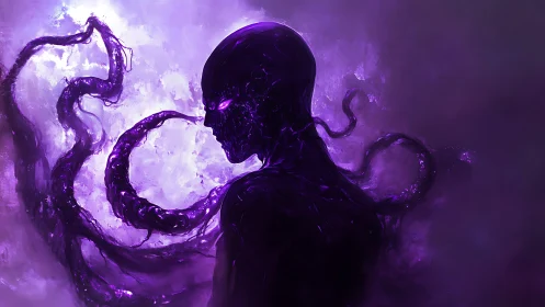 Shadowy purple entity rises calmly in swirling cosmic mist