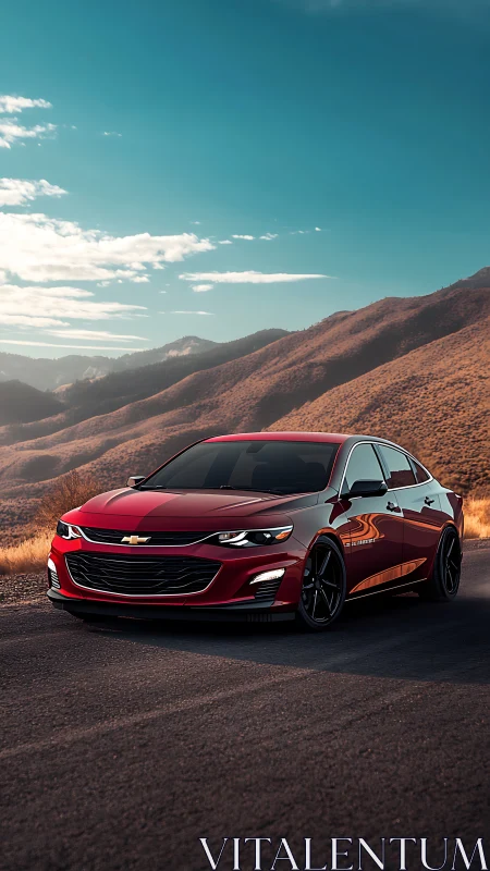 Red Chevrolet sedan rendered on mountain highway at dusk