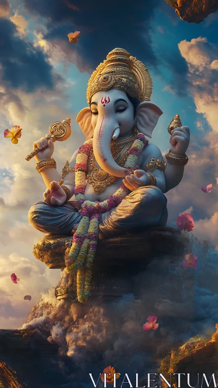 Skyborne Ganesha meditating amid swirling clouds and petals.