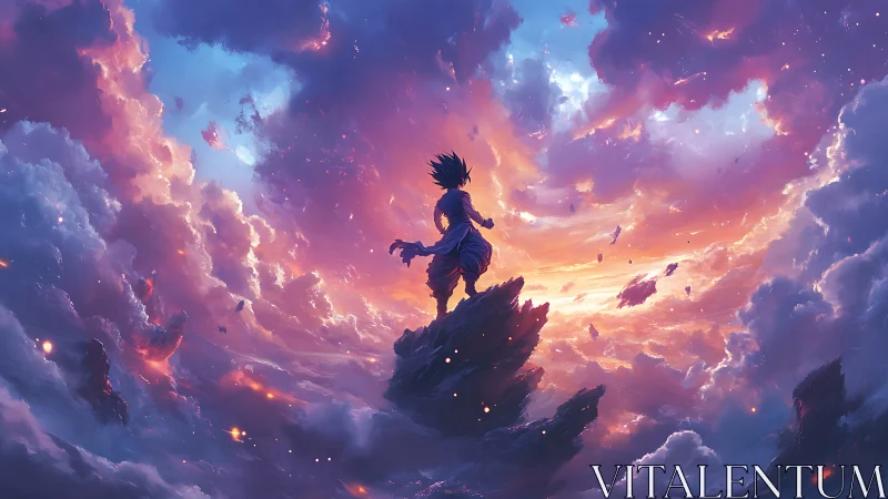 Sky-clad wanderer crowns a storm of violet and flame