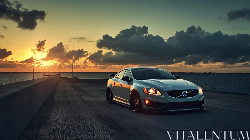 Sunset highway pause with a sleek silver waterfront car.