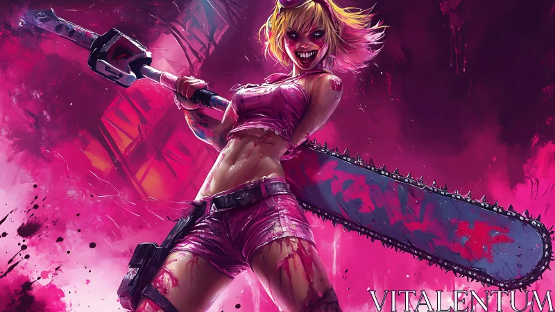 Candy‑pink berserker swings a grinning neon chainsaw wide
