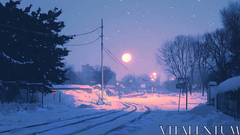 Snow covered street glows under dusk sky and bright moon