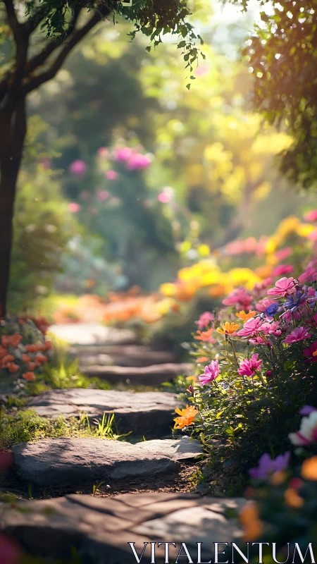 Stone garden path runs through dense colorful flower borders