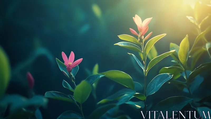 Flowering plant stems with pink and pale blossoms in diffuse golden light