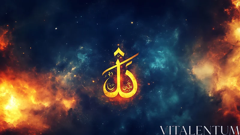 Celestial calligraphy ember glows in a storm of cosmic fire.