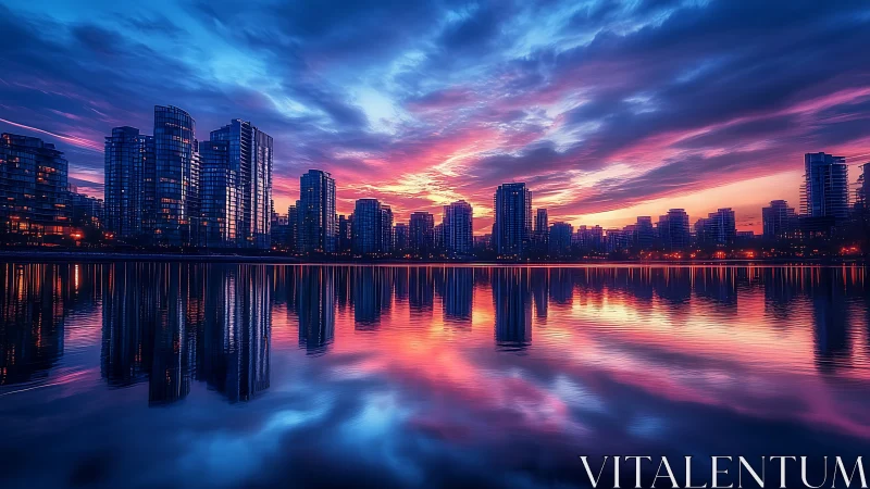 City towers resting under a dreamy pink and blue sunset.