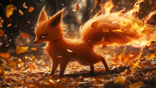 Small fox-like creature with flaming tail in forest scene.