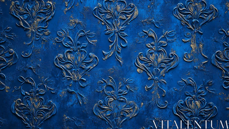 Ornate cobalt damask relief with gilded textural flourishes.