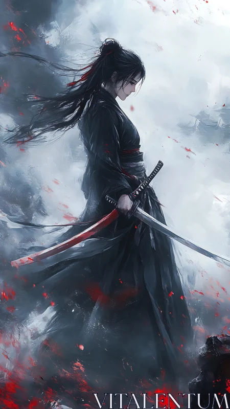 Solitary warrior stands in storm of ash, embers, and steel.