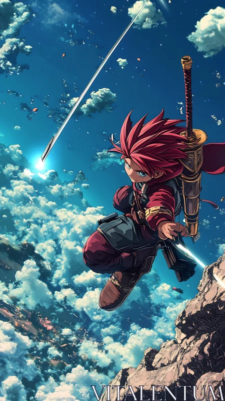 Skyborne anime warrior dives through clouds toward destiny