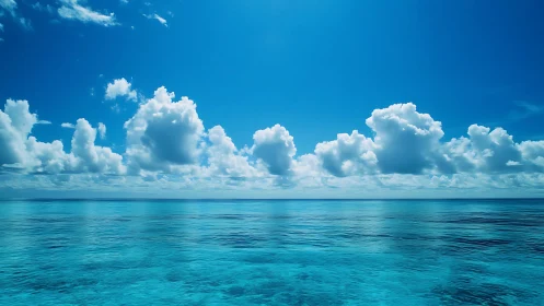 Calm turquoise ocean meets bright summer sky in quiet stillness