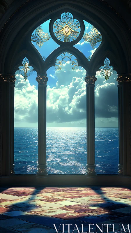 Gothic ocean window frames luminous sky and sea horizon.