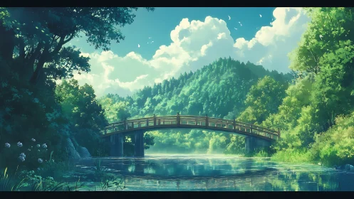 Wooden bridge over river in lush summer valley scene.