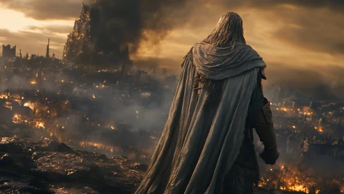 Lone cloaked warrior surveys a burning ruined city at dusk.
