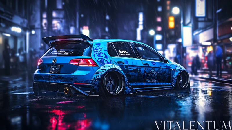 Modified blue Volkswagen hatchback on wet city street.