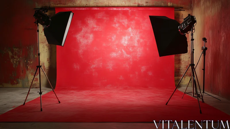 Red studio backdrop with softbox lighting setup ready.