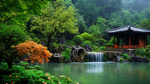 Rain-soaked Japanese garden frames pavilion by waterfall