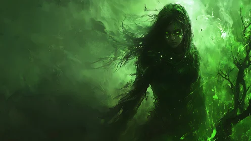 Green cloaked figure with glowing eyes in abstract forest.