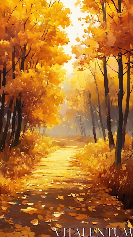 Golden Autumn Forest Pathway: Luminous Landscape with Deciduous Canopy.