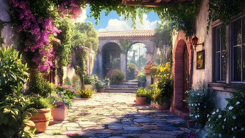 Sunstruck courtyard garden where lazy petals loiter forever.