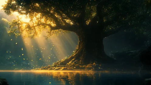 Golden forest tree glowing softly beside a tranquil river.