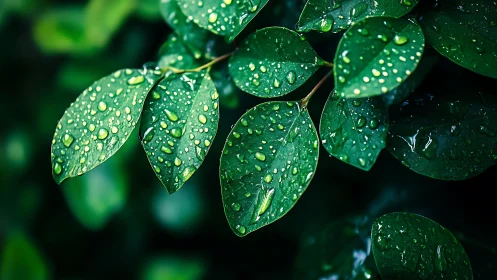 Water droplets rest on dark green leaves after rainfall