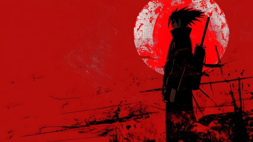 Silhouetted anime swordsman stands before rough red moon