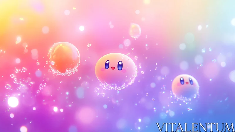 Floating pastel spheres with faces in soft bokeh field.