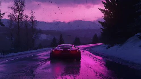 Neon-illuminated supercar on wet alpine road at dusk in snowfall