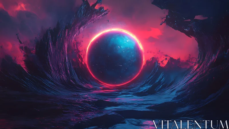 Radiant cosmic portal glows between towering neon waves