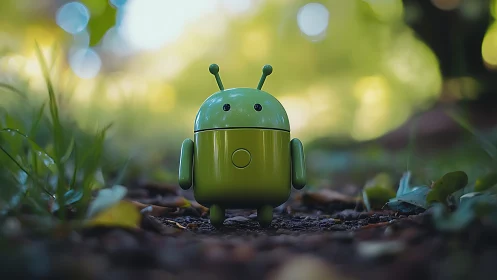Green android figurine on forest floor with cinematic bokeh.