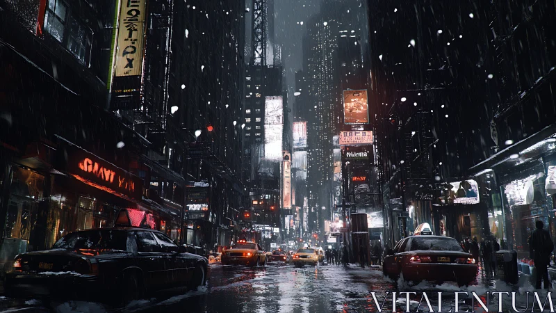 Snowy neon city street shows taxis under glowing billboards