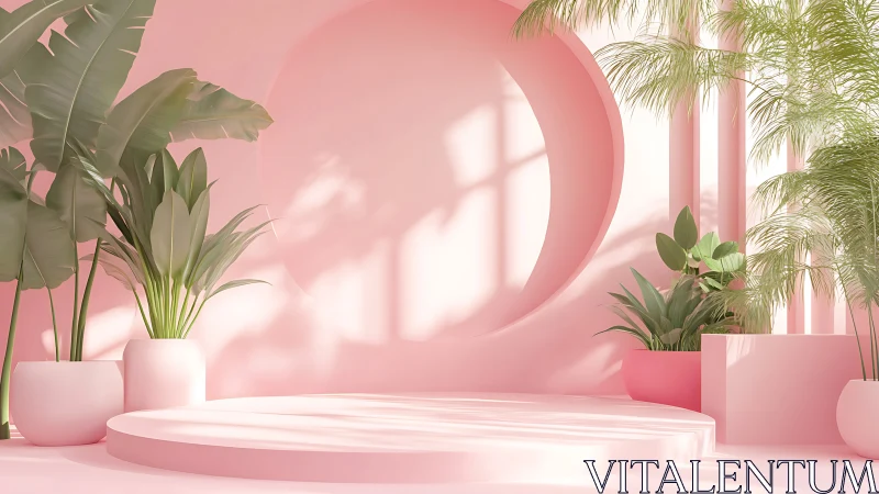 Minimalist pink podium with lush tropical indoor plants.