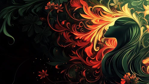 Floral silhouette portrait with flowing abstract foliage forms.