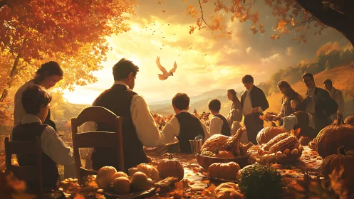 Sunlit harvest gathering around rustic autumn feast.