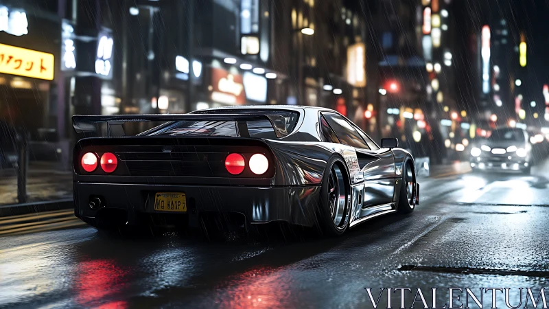 Midnight supercar charging through neon city rainstorm.