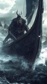 Storm-forged Viking longship charge in high-seas perspective.
