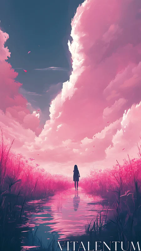 Atmospheric perspective of lone figure in saturated pink wetland.
